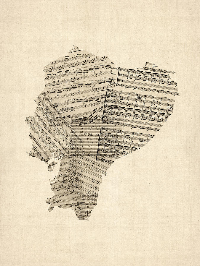 Music Map Digital Art - Old Sheet Music Map of Ecuador Map by Michael Tompsett