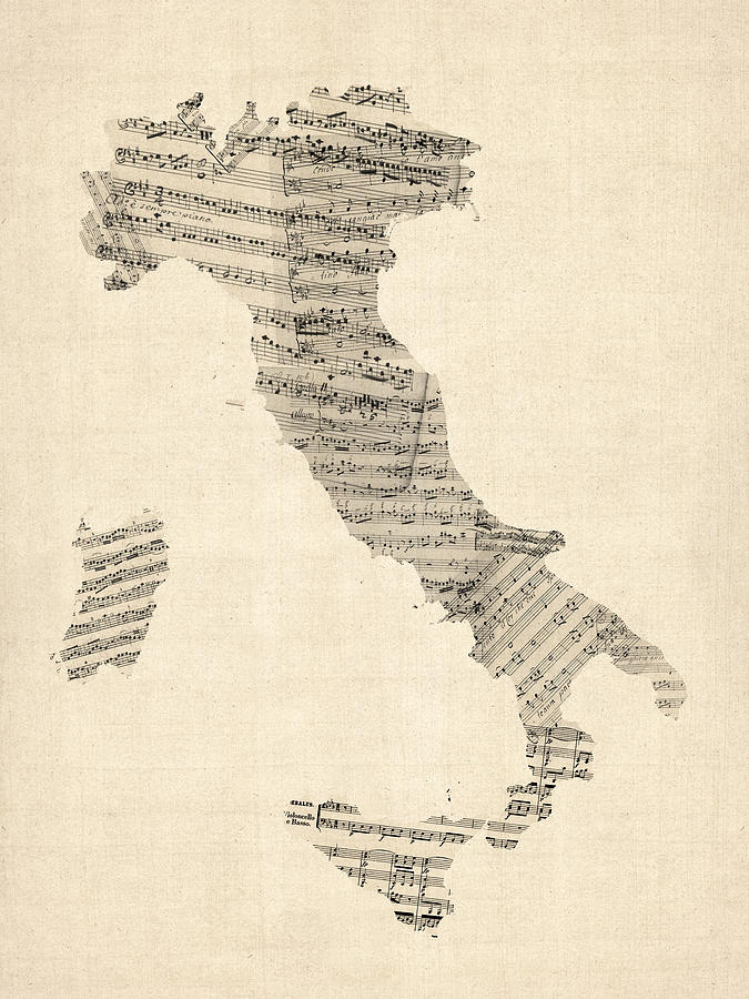 Italy Map Digital Art - Old Sheet Music Map of Italy Map by Michael Tompsett