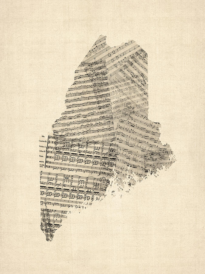 Maine Map Digital Art - Old Sheet Music Map of Maine by Michael Tompsett