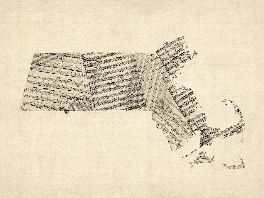 Old Sheet Music Map of Massachusetts Digital Art by Michael Tompsett