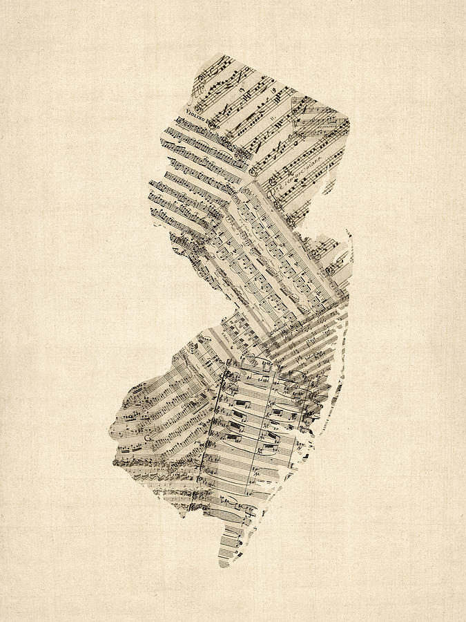 Old Sheet Music Map of New Jersey Digital Art by Michael Tompsett