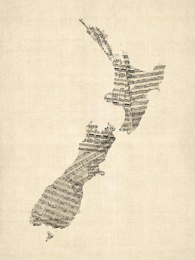 Old Sheet Music Map of New Zealand Map Digital Art by Michael Tompsett