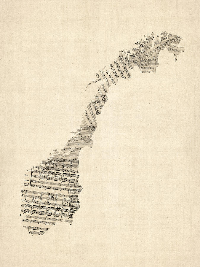 Old Sheet Music Map of Norway Digital Art by Michael Tompsett