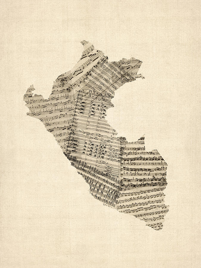 Peru Map Digital Art - Old Sheet Music Map of Peru Map by Michael Tompsett