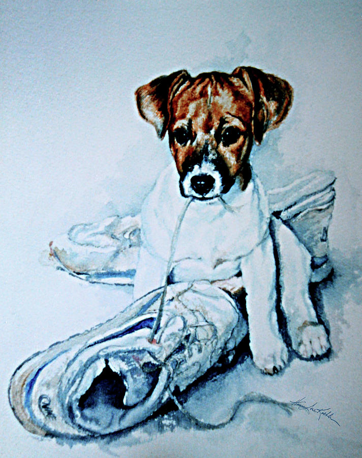 Watercolor Dog Portraits Painting - Old Shoe Pup by Hanne Lore Koehler