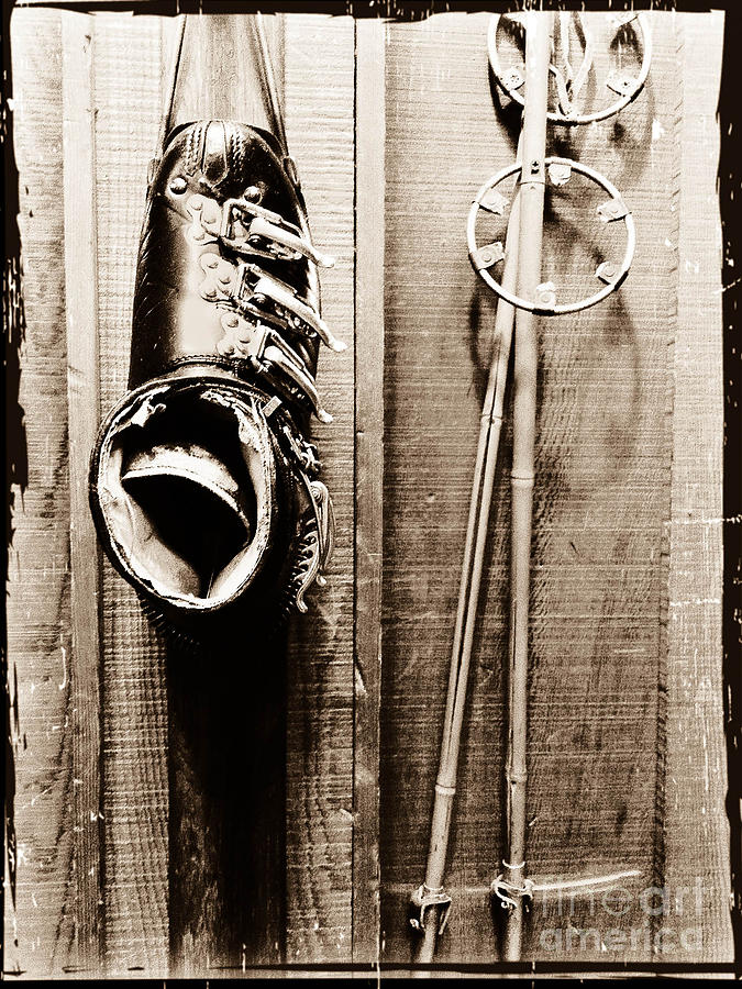 Old Ski Boot and Pole Photograph by Amy Fearn