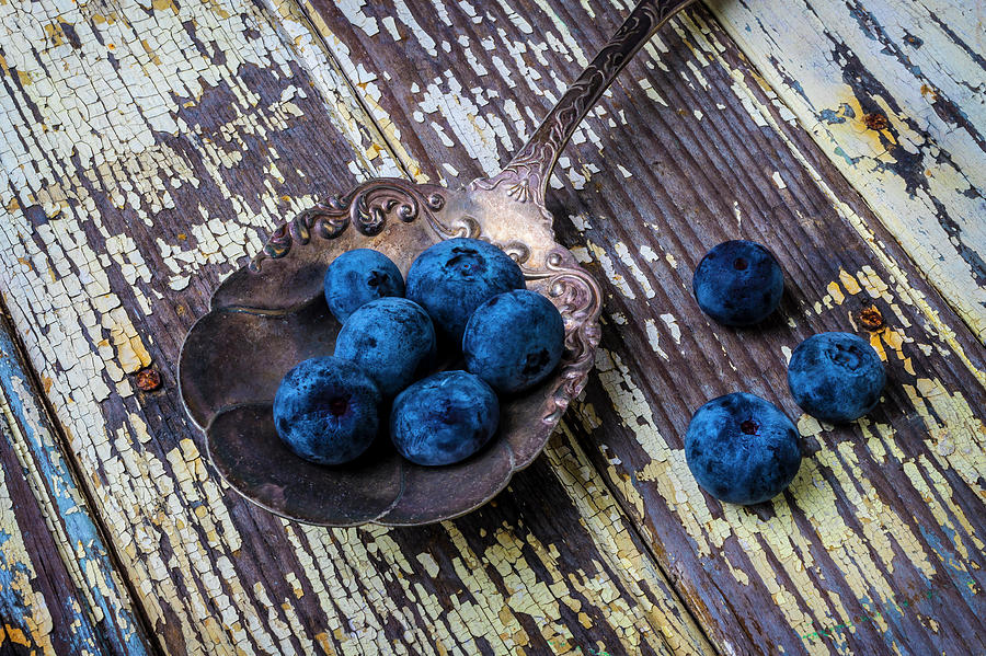 Old Spoon And Blueberries Photograph by Garry Gay