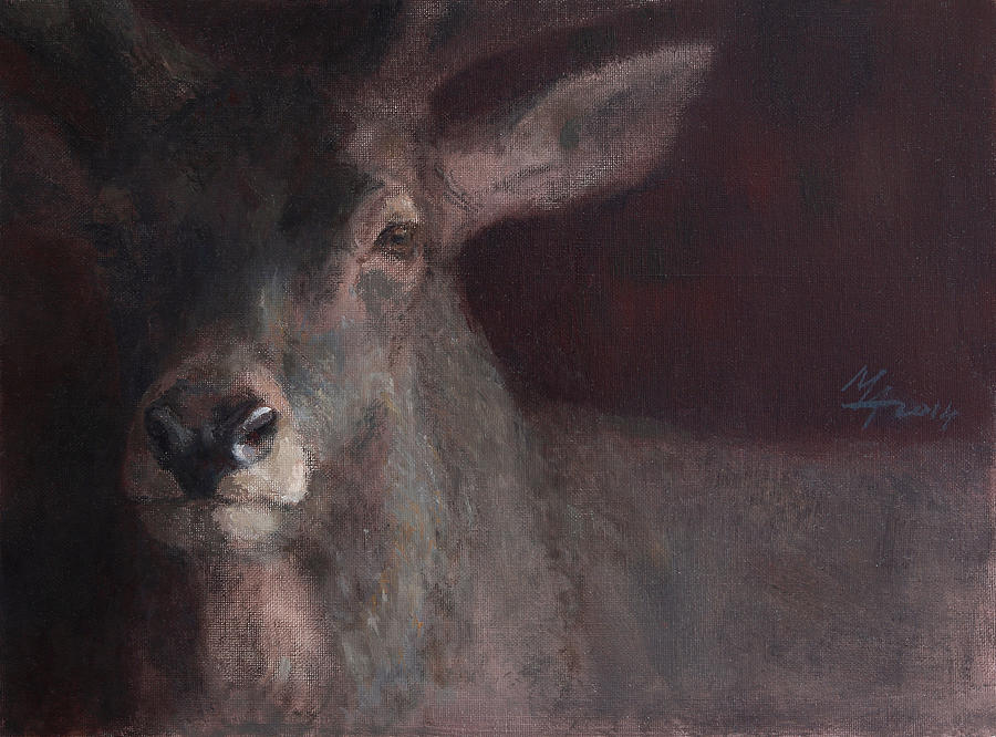 Old Stag Painting by Attila Meszlenyi