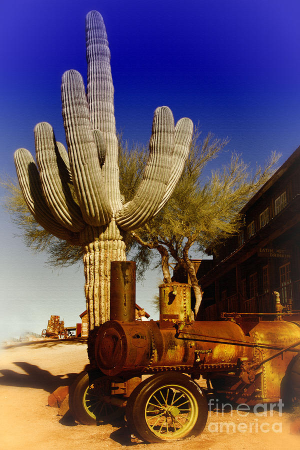 Vintage Photograph - Old Steam Tractor and Saguaro Cactus by Teresa Zieba