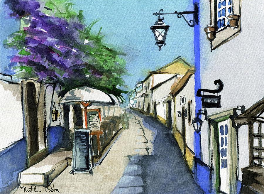 Coffee Painting - Old Street in Obidos, Portugal by Dora Hathazi Mendes