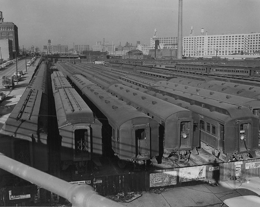 Old Suburban Cars at Erie Street Coach Yard - 1957 Photograph by Chicago and North Western Historical Society