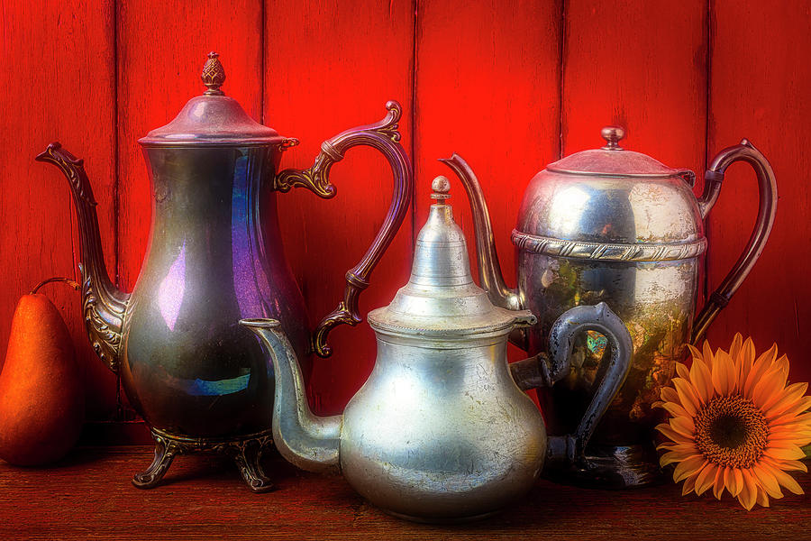 Old Tea Pots And Sunflower Photograph by Garry Gay