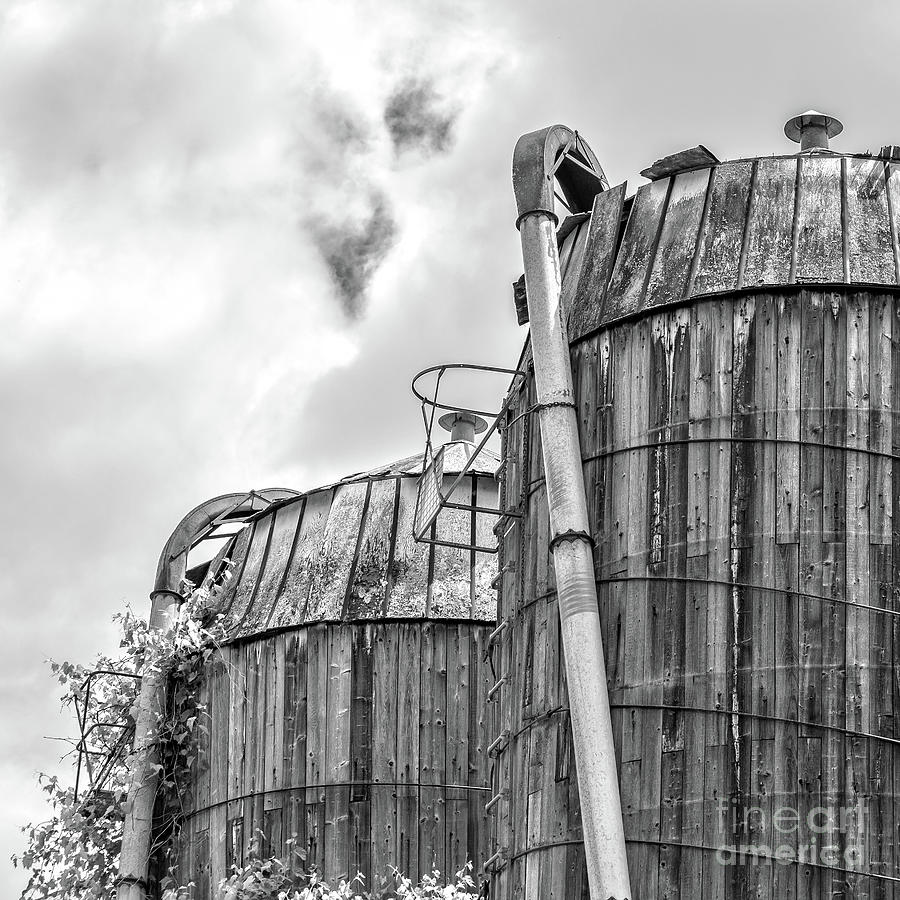 Black And White Photograph - Old Texas Wooden Farm Silos by Edward Fielding