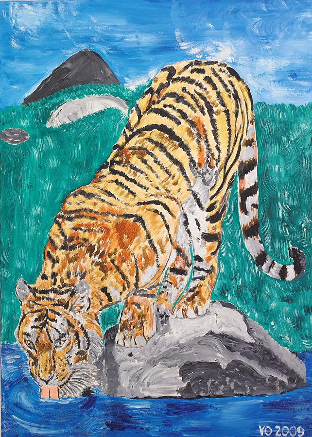 Wildlife Painting - Old Tiger Drinking by Valerie Ornstein