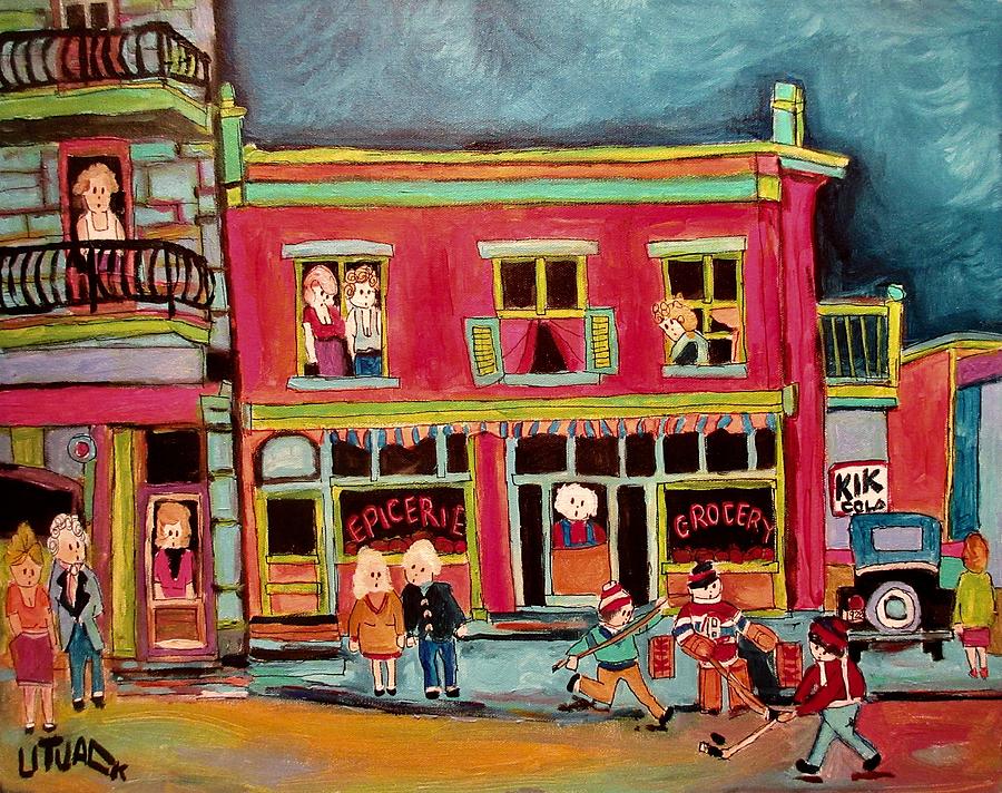 Old Time Grocery Cote St. Paul Street Hockey Painting by Michael Litvack