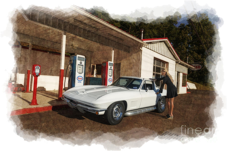 Old time service station with 1967 corvette model Ally Darst Photograph by Dan Friend