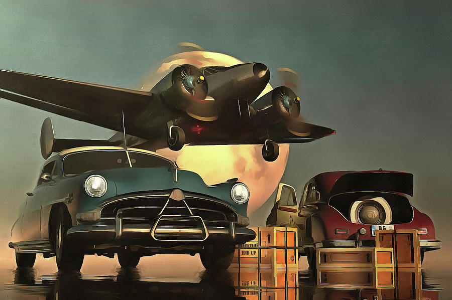 Old-timers with airplane Painting by Jan Keteleer