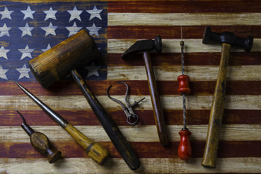Old Tools On Wooden Flag Photograph by Garry Gay