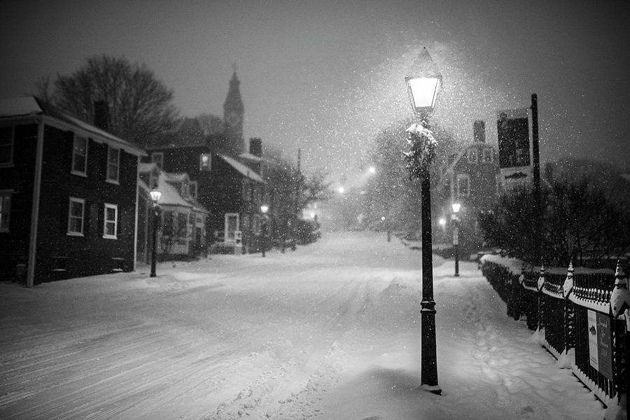 Old Town Marblehead Snowstorm Looking up at Abbot Hall Black and White Photograph by Toby McGuire