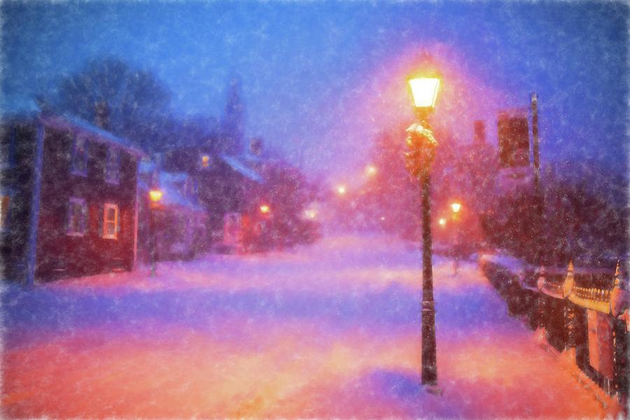 Old Town Marblehead Snowstorm Looking up at Abbot Hall Painterly Photograph by Toby McGuire