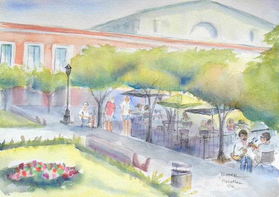 Musicians Painting - Old Town Mazatlan Square where the musicians play, people eat and play. by Diane Binder Musicians Painting - Old Town Mazatlan Square where the musicians play, people eat and play. by Diane Binder
