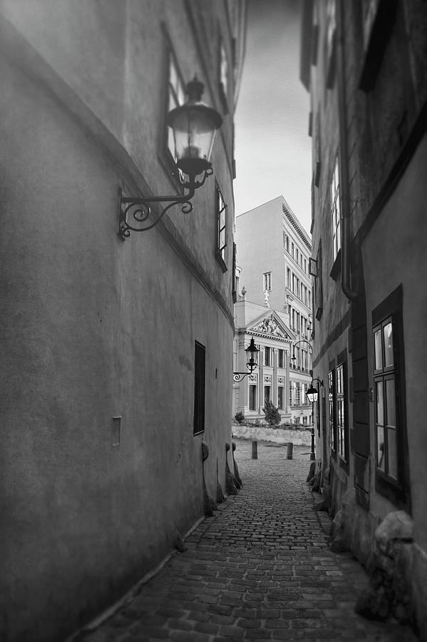 Architecture Photograph - Old Town Vienna Narrow Alley in Black and White  by Carol Japp