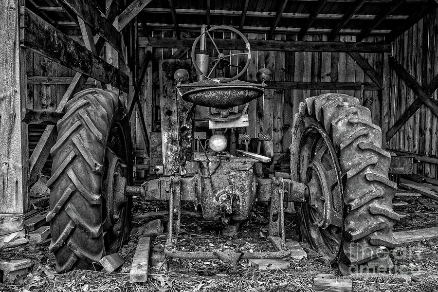 Old Tractor in the Barn Black and White Photograph by Edward Fielding