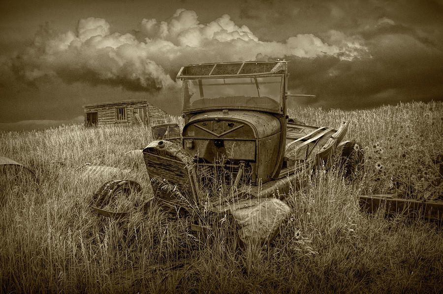Old Truck Abandoned in the Grass in Sepia Tone Photograph by Randall Nyhof
