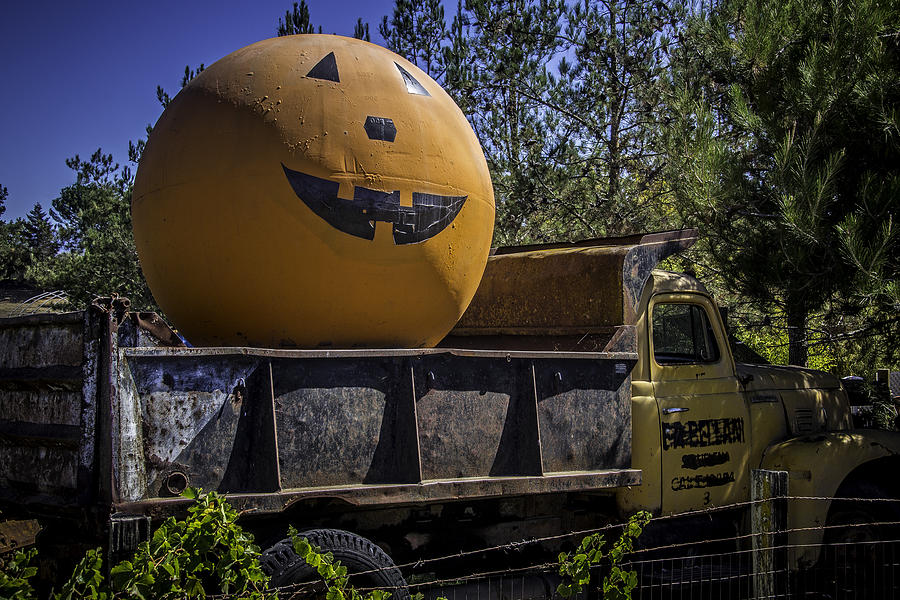 Truck Photograph - Old Truck With Large Pumpkin by Garry Gay