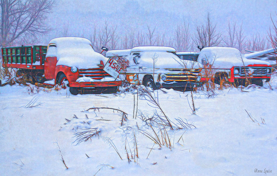 Old Trucks in Snow Photograph by Anna Louise