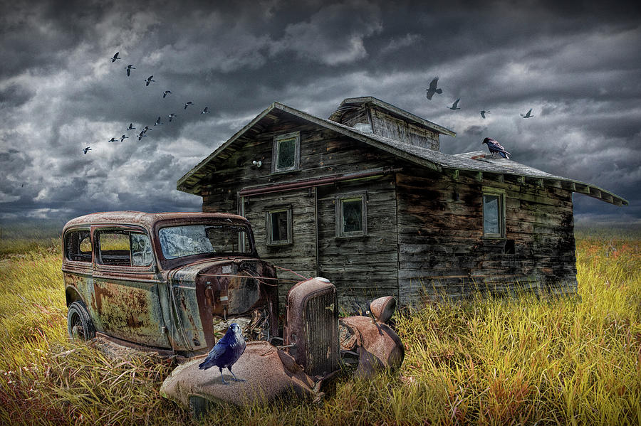 Old Vintage Automobile Junk and Decrepit Building with Flying Geese and Ravens Photograph by Randall Nyhof