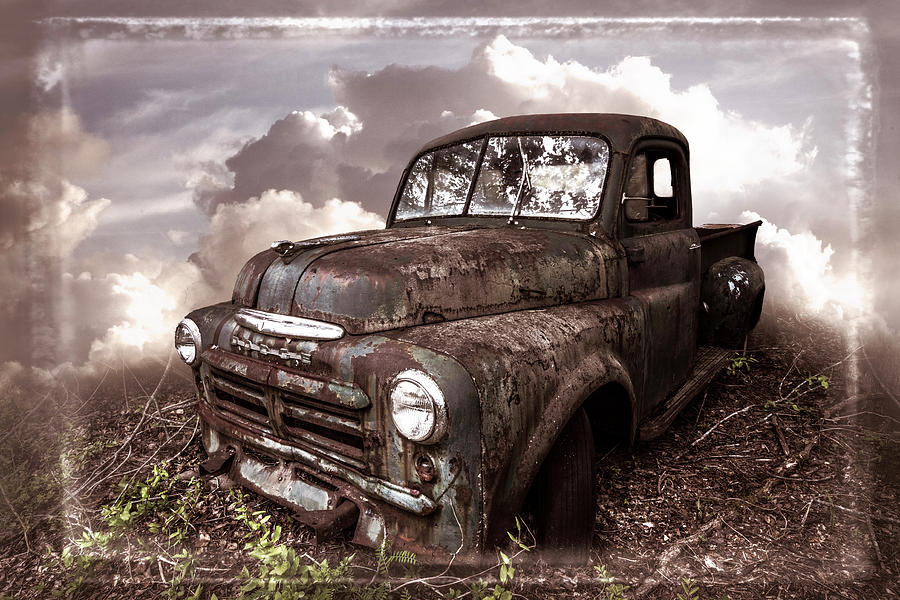 Old Vintage Dodge Truck in Soft Sepia Tones and Creative Border Photograph by Debra and Dave Vanderlaan