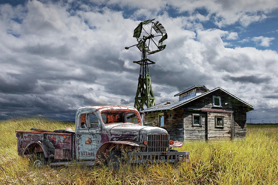 Old Vintage Junk Dodge Pickup and Decaying Barn with Windmill Photograph by Randall Nyhof