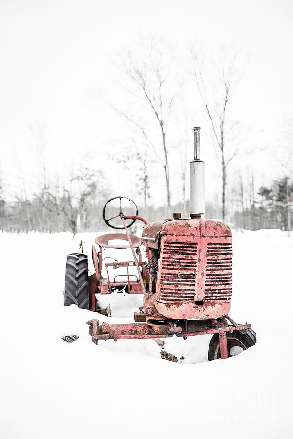 Old Vintage Red Tractor in the Snow Quechee Vermont Photograph by Edward Fielding