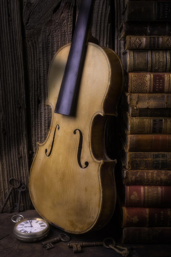 Old Violin With Stack Of Worn Books Photograph by Garry Gay