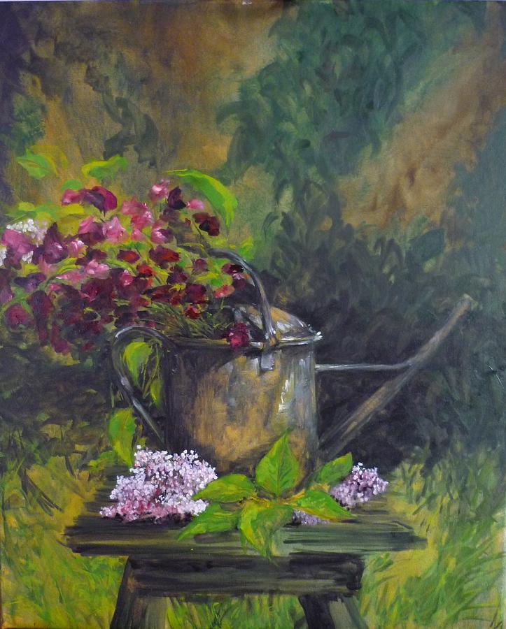 Old Watering Can  Painting by Lizzy Forrester