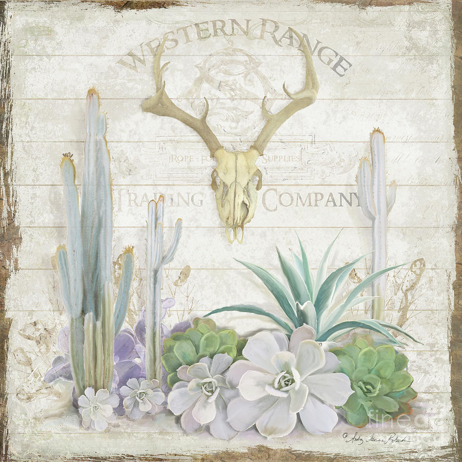 Old West Cactus Garden w Deer Skull n Succulents over Wood Painting by Audrey Jeanne Roberts
