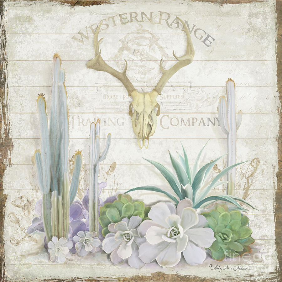 Desert Painting - Old West Cactus Garden w Deer Skull n Succulents over Wood by Audrey Jeanne Roberts