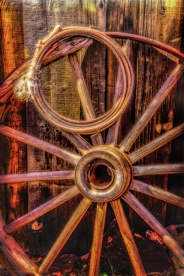 Old Wheel And Rope Photograph by Garry Gay