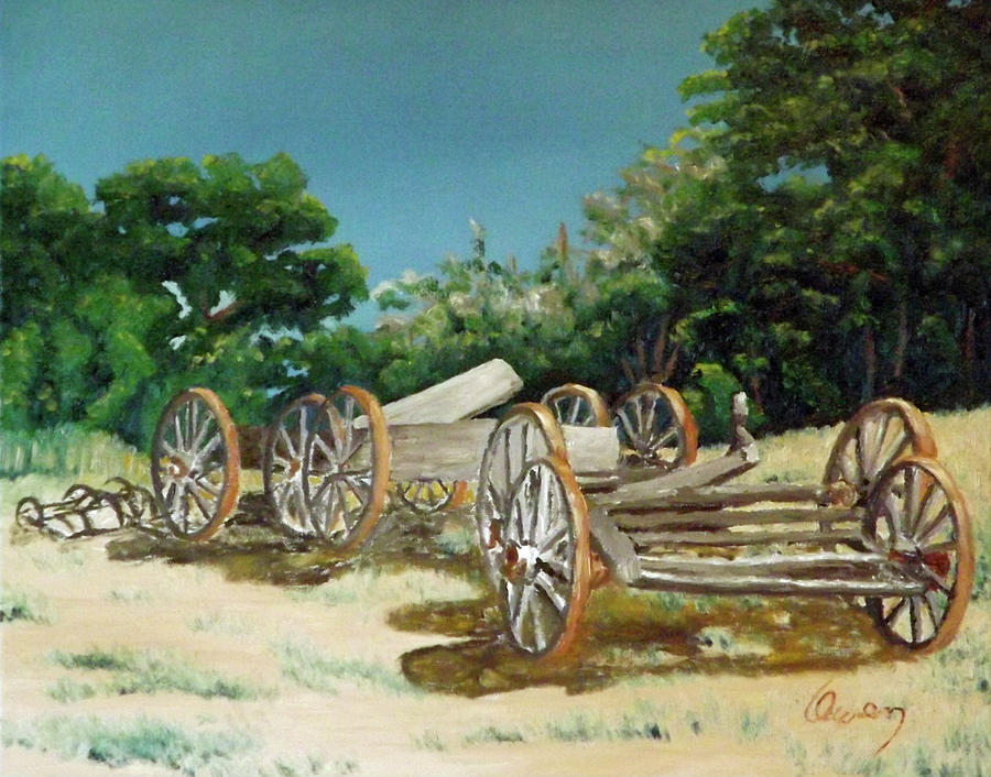 Old Wheels Painting by Carl Owen