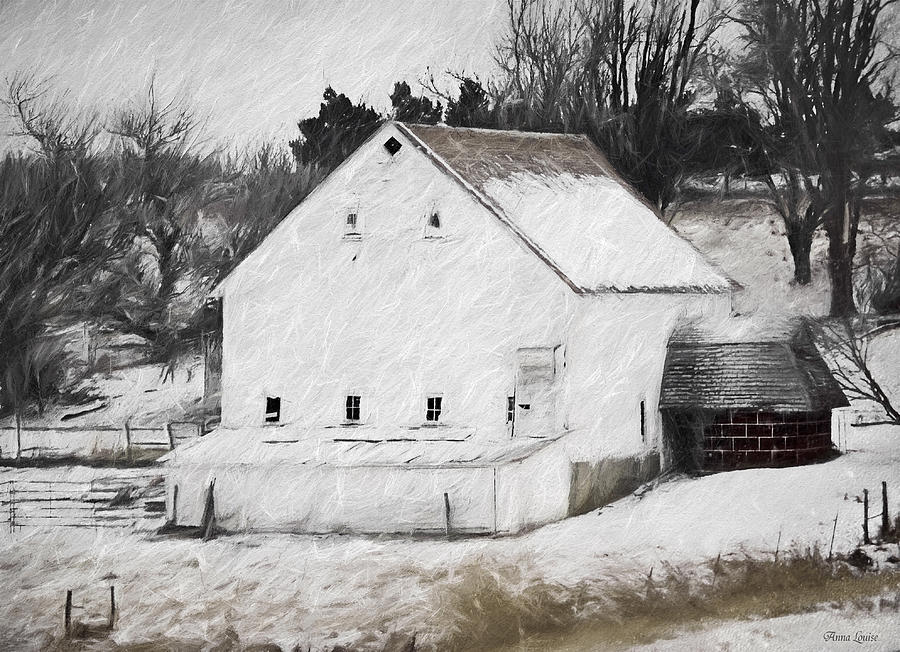 Old White Barn in Snow Sketch Photograph by Anna Louise