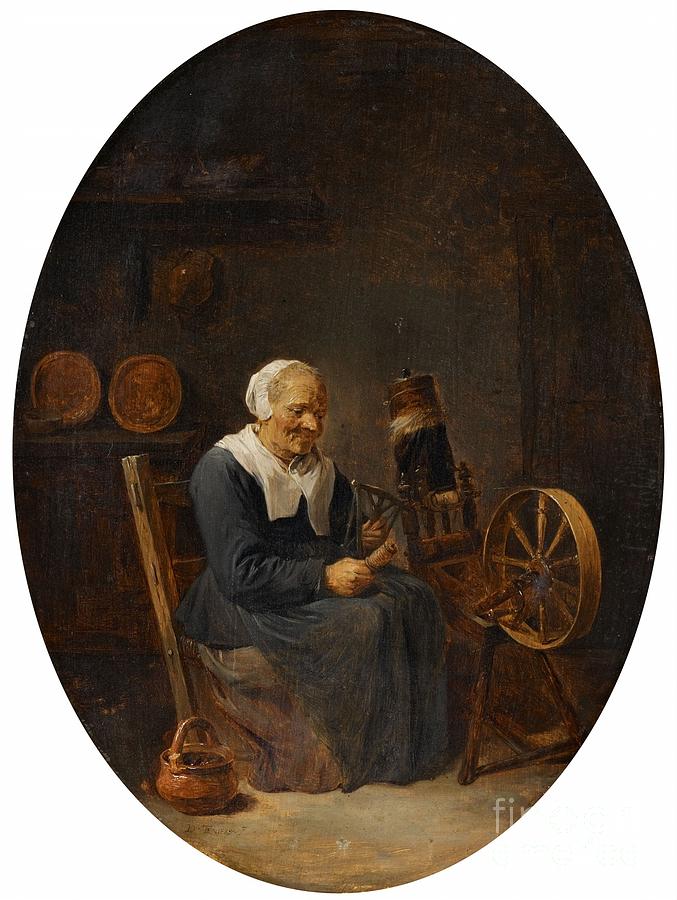 Old Woman At The Spinning Wheel Painting by MotionAge Designs