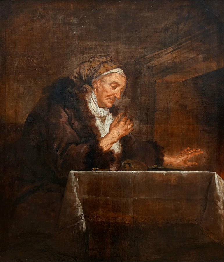 Old Woman Eating in Front of the Fireplace Painting by Jean-Francois de Troy