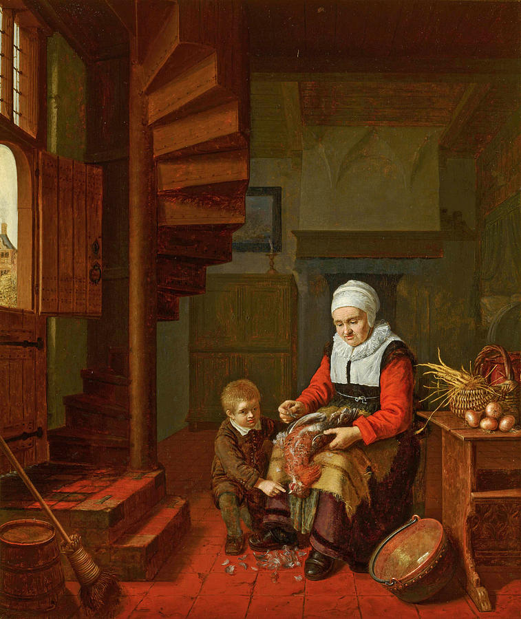 Old Woman Plucking a Cock Painting by Abraham de Pape