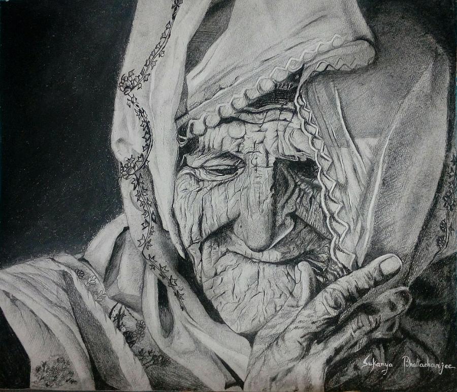 Pencil Sketch Drawing - Old woman by Sukanya Bhattacharjee