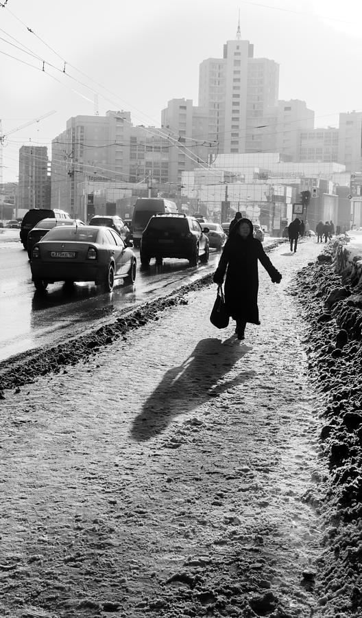 Old Woman Walking Snow Street Footpath City Photograph by John Williams