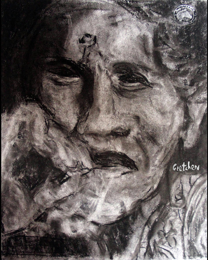 Charcoal Pastel - Old Woman with Cigarette by GretchenArt FineArt