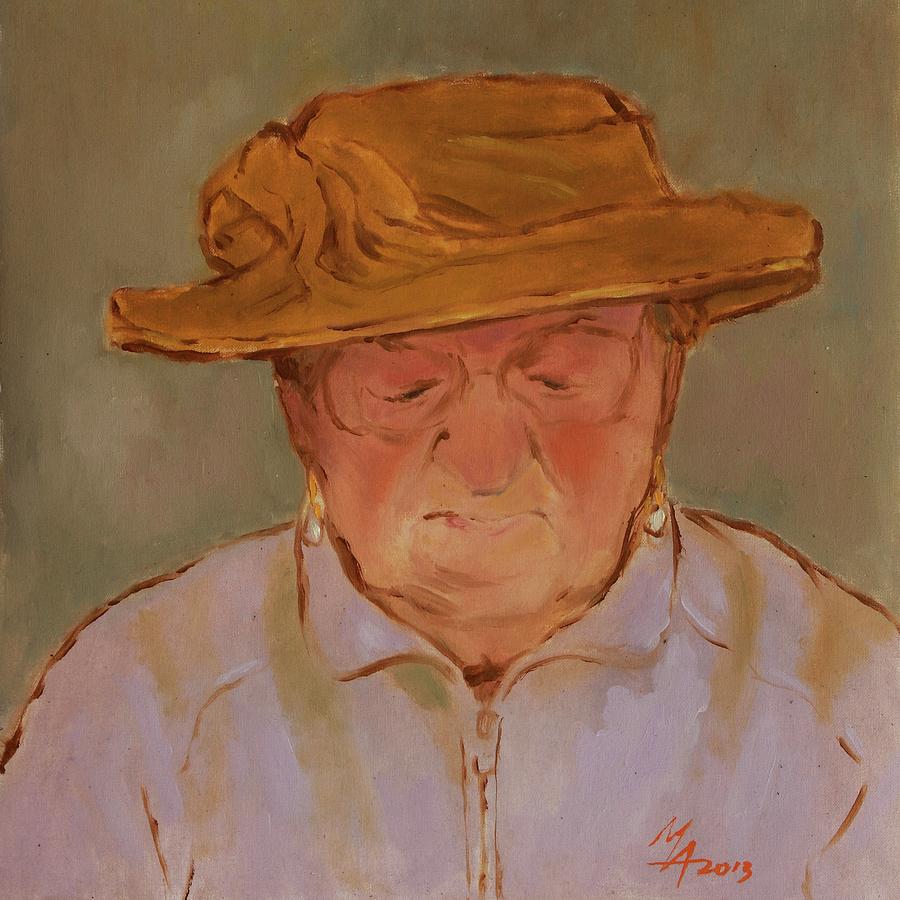 Old Woman with Yellow Hat Painting by Attila Meszlenyi