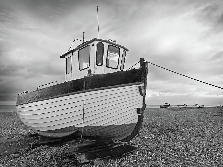Old Fishing Boat Photograph - Old Wooden Fishing Boat in Black and White by Gill Billington
