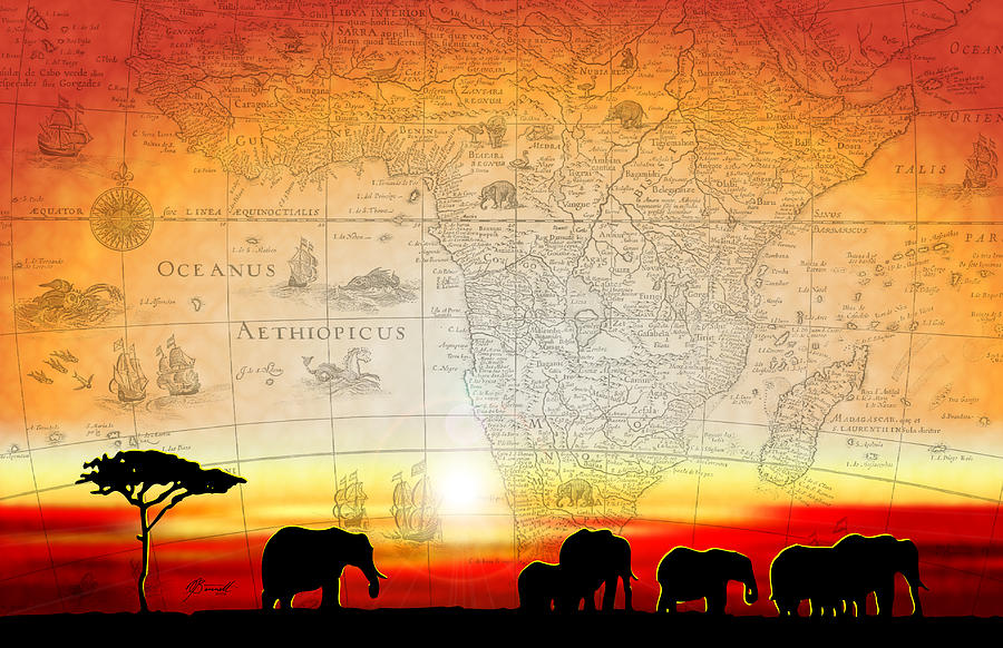 Elephant Digital Art - Old World Africa Warm Sunset by Dana Bennett